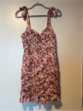 Astr Floral Tie-Shoulder Ruched Mini Dress in Pink and Green